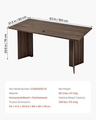 VEVOR 63 in Executive Desk  Large Modern Rectangle Office Table  Heavy Duty Wooden Executive Table with Cable Connection Hole  250 LBS Load Capacity  Easy Assembly  for Work Study Writing  Walnut