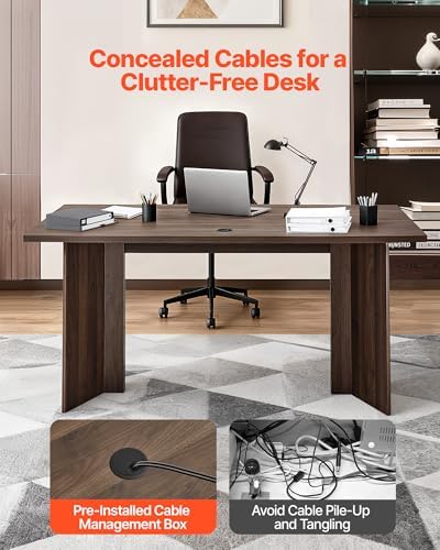 VEVOR 63 in Executive Desk  Large Modern Rectangle Office Table  Heavy Duty Wooden Executive Table with Cable Connection Hole  250 LBS Load Capacity  Easy Assembly  for Work Study Writing  Walnut