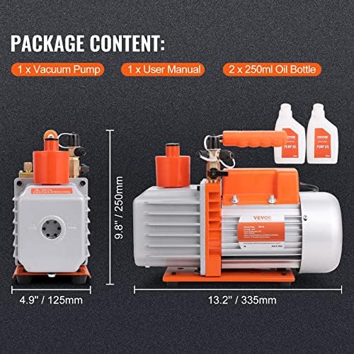 VEVOR 7 CFM Dual Stage HVAC Vacuum Pump  1/2 HP Rotary Vane Vacuum Pump with Oil Bottle  for HVAC Repair  Refrigeration Maintenance  Resin Degassing  Compatible with R12  R22  R134a  R410a Refrigerant