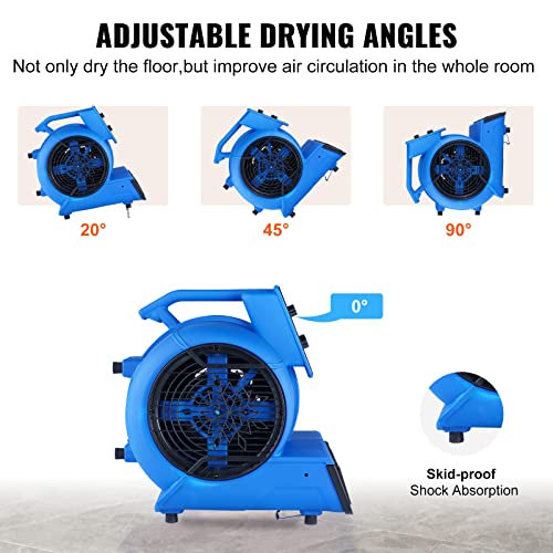 VEVOR Air Mover, 1/2 HP 2600 CFM secadora de alfombras para refrigeración y ventilación, ventilador de piso portátil con 4 ángulos de soplado y función de tiempo, para limpieza, hogar, uso comercial