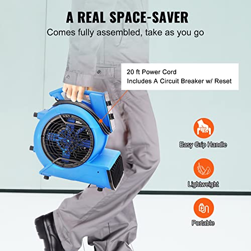 VEVOR Air Mover, 1/2 HP 2600 CFM secadora de alfombras para refrigeración y ventilación, ventilador de piso portátil con 4 ángulos de soplado y función de tiempo, para limpieza, hogar, uso comercial