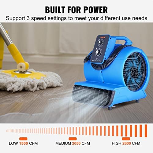 VEVOR Air Mover  1/2 HP 2600 CFM Carpet Dryer for Cooling and Ventilating  Portable Floor Blower Fan with 4 Blowing Angles and Time Function  for Janitorial  Home  Commercial Use