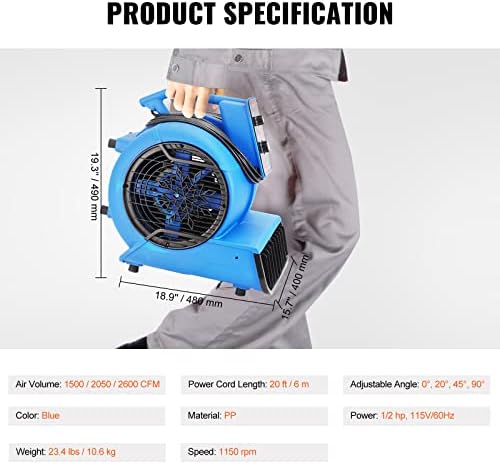 VEVOR Air Mover  1/2 HP 2600 CFM Carpet Dryer for Cooling and Ventilating  Portable Floor Blower Fan with 4 Blowing Angles and Time Function  for Janitorial  Home  Commercial Use