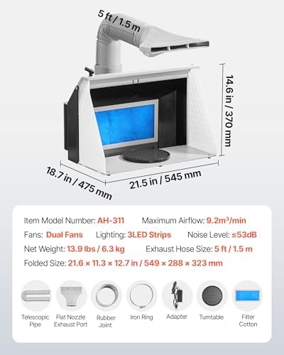 VEVOR Airbrush Spray Booth  Dual Fans  21 5 x 18 7 x 14 6 in  Portable Hobby Airbrush Paint Spray Booth Kit with 3 LED Lights and Exhaust Extension Hose  for Painting Models  Arts  Crafts  Cakes