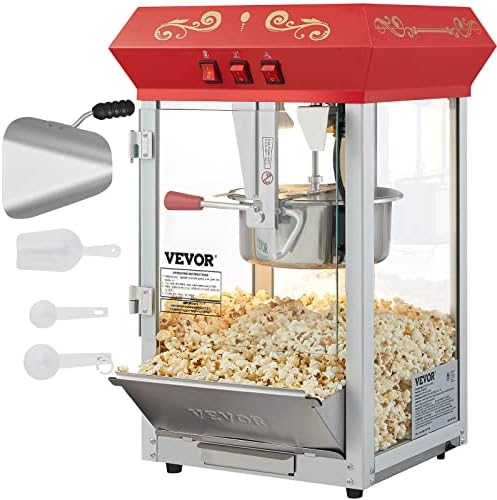 VEVOR Commercial Popcorn Machine  8 Oz Kettle  850 W Countertop Popcorn Maker for 48 Cups per Batch  Theater Style Popper with 3 Switch Control Steel Frame Tempered Glass Doors 2 Scoops 2 Spoons  Red