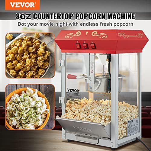 VEVOR Commercial Popcorn Machine  8 Oz Kettle  850 W Countertop Popcorn Maker for 48 Cups per Batch  Theater Style Popper with 3 Switch Control Steel Frame Tempered Glass Doors 2 Scoops 2 Spoons  Red