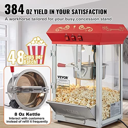 VEVOR Commercial Popcorn Machine  8 Oz Kettle  850 W Countertop Popcorn Maker for 48 Cups per Batch  Theater Style Popper with 3 Switch Control Steel Frame Tempered Glass Doors 2 Scoops 2 Spoons  Red