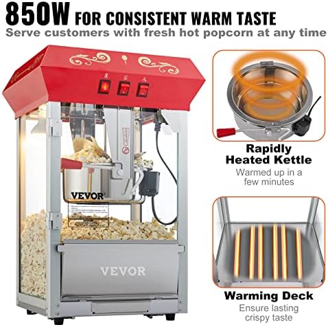 VEVOR Commercial Popcorn Machine  8 Oz Kettle  850 W Countertop Popcorn Maker for 48 Cups per Batch  Theater Style Popper with 3 Switch Control Steel Frame Tempered Glass Doors 2 Scoops 2 Spoons  Red