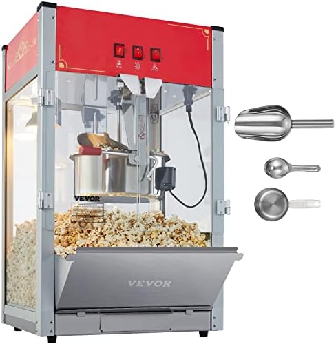 VEVOR Commercial Popcorn Machine  8 Oz Kettle  850 W Countertop Popcorn Maker for 48 Cups per Batch  Theater Style Popper with 3 Switch Control Steel Frame Tempered Glass Doors 2 Scoops 2 Spoons  Red