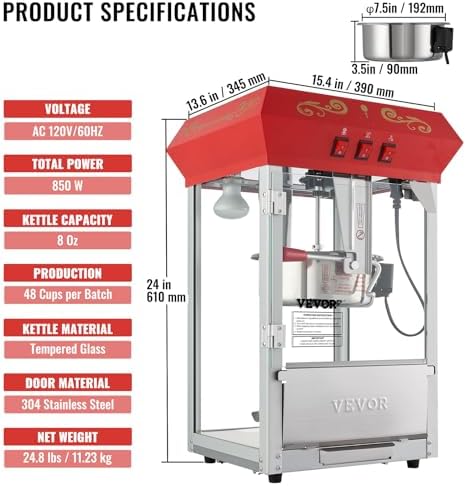VEVOR Commercial Popcorn Machine  8 Oz Kettle  850 W Countertop Popcorn Maker for 48 Cups per Batch  Theater Style Popper with 3 Switch Control Steel Frame Tempered Glass Doors 2 Scoops 2 Spoons  Red