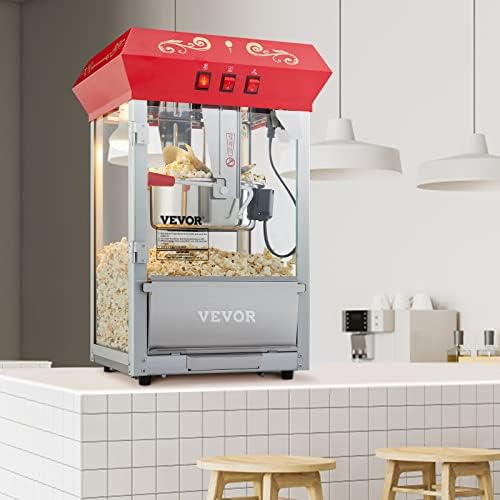VEVOR Commercial Popcorn Machine  8 Oz Kettle  850 W Countertop Popcorn Maker for 48 Cups per Batch  Theater Style Popper with 3 Switch Control Steel Frame Tempered Glass Doors 2 Scoops 2 Spoons  Red