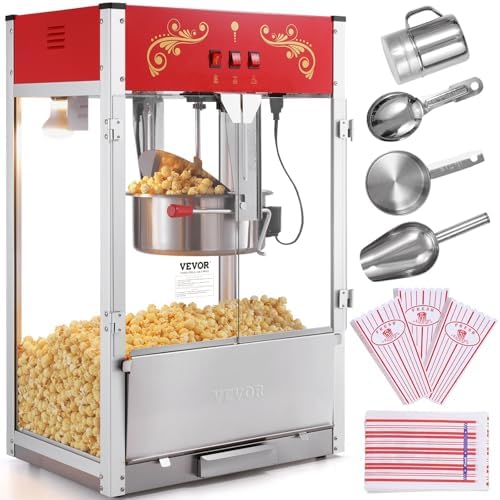 VEVOR Commercial Popcorn Machine  8 Oz Kettle  850 W Countertop Popcorn Maker for 48 Cups per Batch  Theater Style Popper with 3 Switch Control Steel Frame Tempered Glass Doors 2 Scoops 2 Spoons  Red