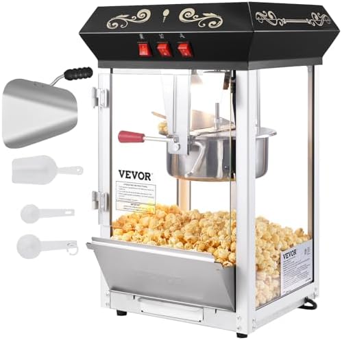 VEVOR Commercial Popcorn Machine  8 Oz Kettle  850 W Countertop Popcorn Maker for 48 Cups per Batch  Theater Style Popper with 3 Switch Control Steel Frame Tempered Glass Doors 2 Scoops 2 Spoons  Red