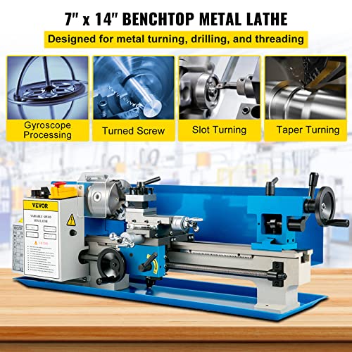 VEVOR Torno de metal compacto de 7 x 14 pulgadas, velocidad ajustable 0-2500 RPM, equipado con portabrocas de 3 mordazas de 4 pulgadas, ideal para metalurgia, diseño de mesa para proyectos de torneado