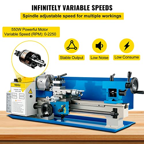VEVOR Torno de metal compacto de 7 x 14 pulgadas, velocidad ajustable 0-2500 RPM, equipado con portabrocas de 3 mordazas de 4 pulgadas, ideal para metalurgia, diseño de mesa para proyectos de torneado
