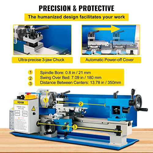 VEVOR Torno de metal compacto de 7 x 14 pulgadas, velocidad ajustable 0-2500 RPM, equipado con portabrocas de 3 mordazas de 4 pulgadas, ideal para metalurgia, diseño de mesa para proyectos de torneado