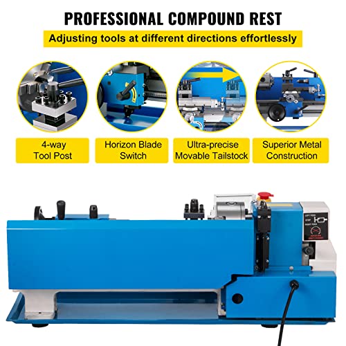 VEVOR Torno de metal compacto de 7 x 14 pulgadas, velocidad ajustable 0-2500 RPM, equipado con portabrocas de 3 mordazas de 4 pulgadas, ideal para metalurgia, diseño de mesa para proyectos de torneado