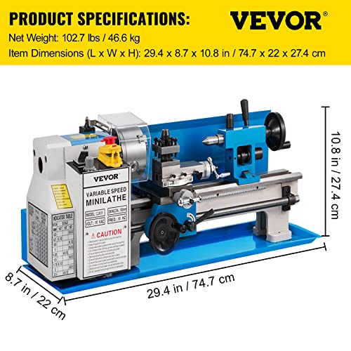 VEVOR Torno de metal compacto de 7 x 14 pulgadas, velocidad ajustable 0-2500 RPM, equipado con portabrocas de 3 mordazas de 4 pulgadas, ideal para metalurgia, diseño de mesa para proyectos de torneado