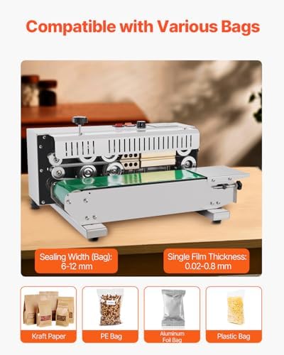 VEVOR Continuous Bag Band Sealing Machine  0 24 0 47 in/6 12 mm Seal Width  Horizontal Band Sealer Machine with Digital Temperature Control Stainless Steel Bag Sealer for 0 02 0 8 mm Plastic Bag Film