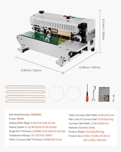VEVOR Continuous Bag Band Sealing Machine  0 24 0 47 in/6 12 mm Seal Width  Horizontal Band Sealer Machine with Digital Temperature Control Stainless Steel Bag Sealer for 0 02 0 8 mm Plastic Bag Film