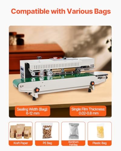 VEVOR Continuous Bag Band Sealing Machine  0 24 0 47 in/6 12 mm Seal Width  Horizontal Band Sealer Machine with Digital Temperature Control Stainless Steel Bag Sealer for 0 02 0 8 mm Plastic Bag Film