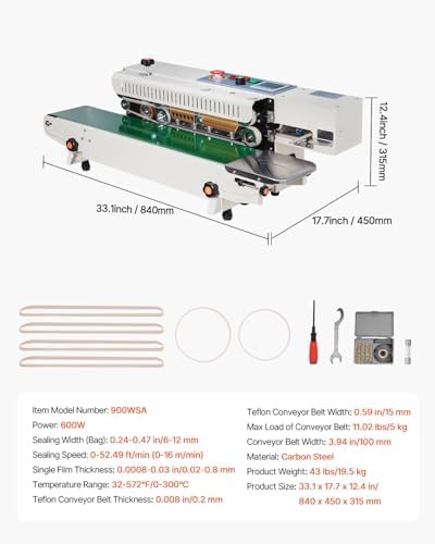 VEVOR Continuous Bag Band Sealing Machine  0 24 0 47 in/6 12 mm Seal Width  Horizontal Band Sealer Machine with Digital Temperature Control Stainless Steel Bag Sealer for 0 02 0 8 mm Plastic Bag Film