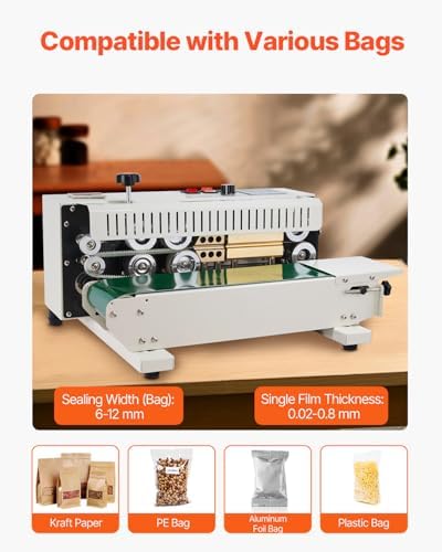 VEVOR Continuous Bag Band Sealing Machine  0 24 0 47 in/6 12 mm Seal Width  Horizontal Band Sealer Machine with Digital Temperature Control Stainless Steel Bag Sealer for 0 02 0 8 mm Plastic Bag Film