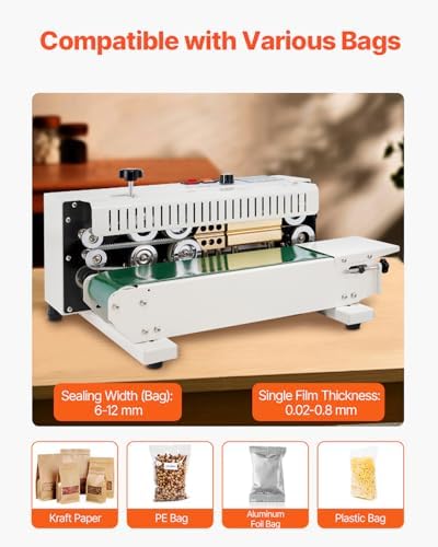 VEVOR Continuous Bag Band Sealing Machine  0 24 0 47 in/6 12 mm Seal Width  Horizontal Band Sealer Machine with Digital Temperature Control Stainless Steel Bag Sealer for 0 02 0 8 mm Plastic Bag Film
