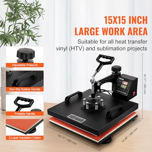 VEVOR Heat Press Machine 8 in 1 Combo Heat Press 15x15 Inch Heat Transfer Machine 360 Degree Swing Away Digital Tshirt Press Multifunction Heat Transfer Sublimation for T Shirts Mugs Hats Plates Caps