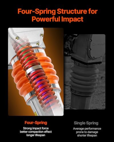 VEVOR Jumping Jack Compactor  6 5 HP Vibratory Rammer Fuel Powered 196 cc Engine Tamper  3600 lbs Impact Force  26 Max Compaction Depth  Four Spring  for Soil  Gravel  Concrete Slabs  Foundations