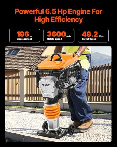 VEVOR Jumping Jack Compactor  6 5 HP Vibratory Rammer Fuel Powered 196 cc Engine Tamper  3600 lbs Impact Force  26 Max Compaction Depth  Four Spring  for Soil  Gravel  Concrete Slabs  Foundations