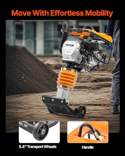 VEVOR Jumping Jack Compactor  6 5 HP Vibratory Rammer Fuel Powered 196 cc Engine Tamper  3600 lbs Impact Force  26 Max Compaction Depth  Four Spring  for Soil  Gravel  Concrete Slabs  Foundations