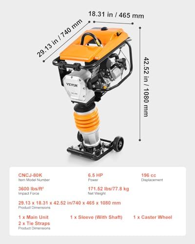 VEVOR Jumping Jack Compactor  6 5 HP Vibratory Rammer Fuel Powered 196 cc Engine Tamper  3600 lbs Impact Force  26 Max Compaction Depth  Four Spring  for Soil  Gravel  Concrete Slabs  Foundations