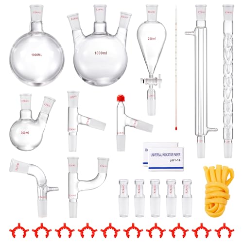 VEVOR Lab Distillation Kit  3 3 Boro Lab Glassware Distillation Kit with 24  40 Joint  1000ml Essential Oil Distillation Apparatus Kit  29 pcs Set of Glassware Equipment