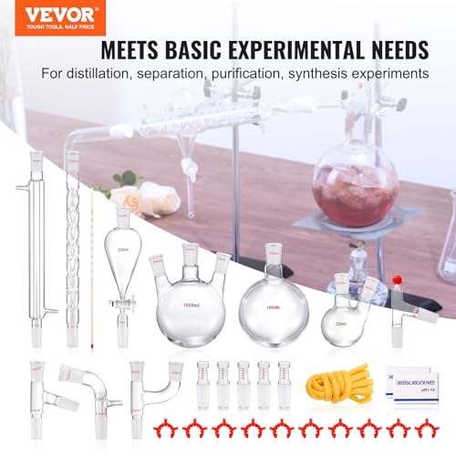 VEVOR Lab Distillation Kit  3 3 Boro Lab Glassware Distillation Kit with 24  40 Joint  1000ml Essential Oil Distillation Apparatus Kit  29 pcs Set of Glassware Equipment