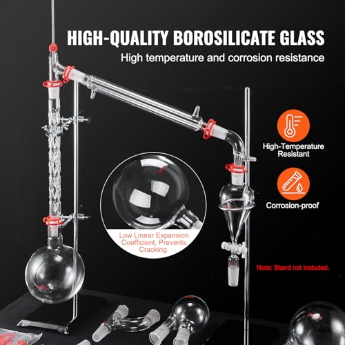 VEVOR Lab Distillation Kit  3 3 Boro Lab Glassware Distillation Kit with 24  40 Joint  1000ml Essential Oil Distillation Apparatus Kit  29 pcs Set of Glassware Equipment