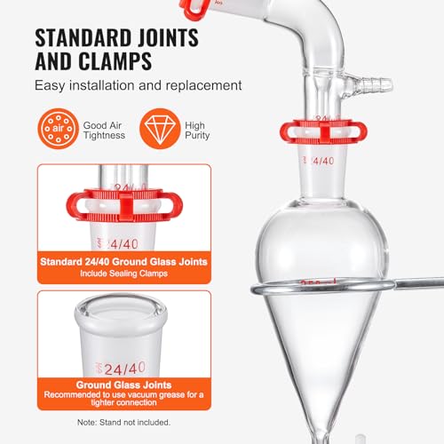 VEVOR Lab Distillation Kit  3 3 Boro Lab Glassware Distillation Kit with 24  40 Joint  1000ml Essential Oil Distillation Apparatus Kit  29 pcs Set of Glassware Equipment