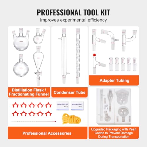 VEVOR Lab Distillation Kit  3 3 Boro Lab Glassware Distillation Kit with 24  40 Joint  1000ml Essential Oil Distillation Apparatus Kit  29 pcs Set of Glassware Equipment