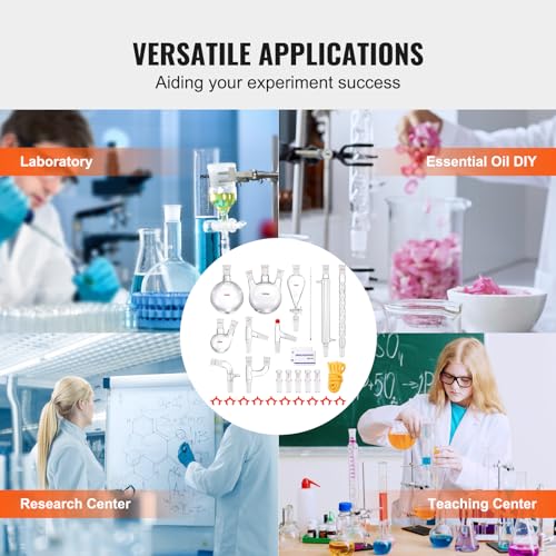 VEVOR Lab Distillation Kit  3 3 Boro Lab Glassware Distillation Kit with 24  40 Joint  1000ml Essential Oil Distillation Apparatus Kit  29 pcs Set of Glassware Equipment