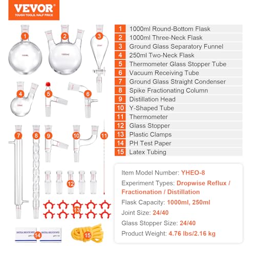 VEVOR Lab Distillation Kit  3 3 Boro Lab Glassware Distillation Kit with 24  40 Joint  1000ml Essential Oil Distillation Apparatus Kit  29 pcs Set of Glassware Equipment