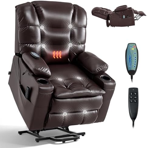 VEVOR Large Power Lift Recliner Chair  Triple Motor Lift Chair with Heat and Massage for Elderly  Position Adjustable  Leather Surface with Storage Pockets and Cup Holders  Brown