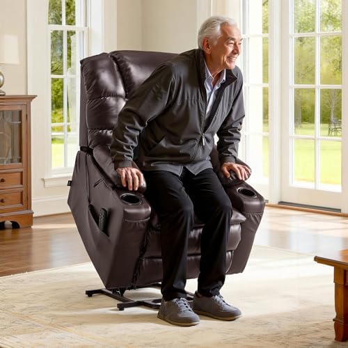 VEVOR Large Power Lift Recliner Chair  Triple Motor Lift Chair with Heat and Massage for Elderly  Position Adjustable  Leather Surface with Storage Pockets and Cup Holders  Brown