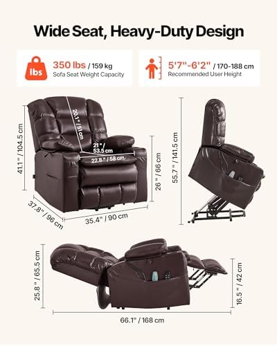 VEVOR Large Power Lift Recliner Chair  Triple Motor Lift Chair with Heat and Massage for Elderly  Position Adjustable  Leather Surface with Storage Pockets and Cup Holders  Brown