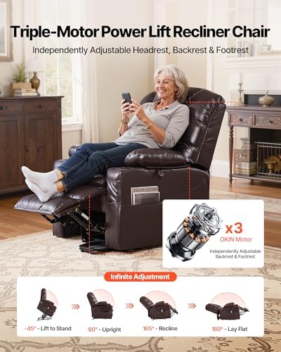 VEVOR Large Power Lift Recliner Chair  Triple Motor Lift Chair with Heat and Massage for Elderly  Position Adjustable  Leather Surface with Storage Pockets and Cup Holders  Brown