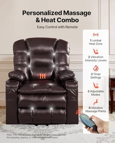 VEVOR Large Power Lift Recliner Chair  Triple Motor Lift Chair with Heat and Massage for Elderly  Position Adjustable  Leather Surface with Storage Pockets and Cup Holders  Brown