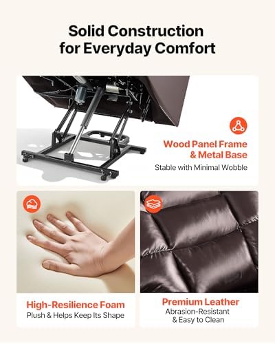 VEVOR Large Power Lift Recliner Chair  Triple Motor Lift Chair with Heat and Massage for Elderly  Position Adjustable  Leather Surface with Storage Pockets and Cup Holders  Brown