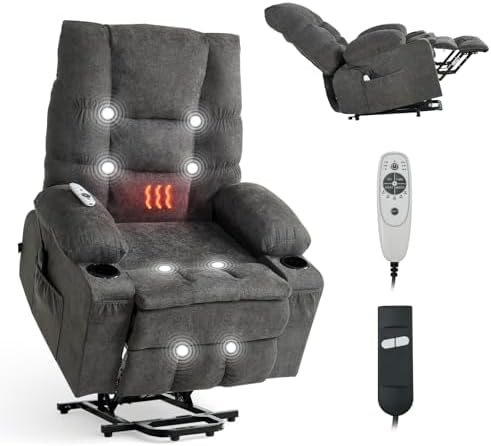 VEVOR Large Power Lift Recliner Chair  Triple Motor Lift Chair with Heat and Massage for Elderly  Position Adjustable  Leather Surface with Storage Pockets and Cup Holders  Brown