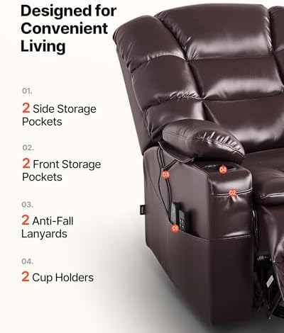 VEVOR Large Power Lift Recliner Chair  Triple Motor Lift Chair with Heat and Massage for Elderly  Position Adjustable  Leather Surface with Storage Pockets and Cup Holders  Brown
