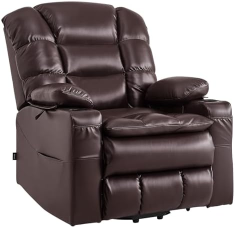 VEVOR Large Power Lift Recliner Chair  Triple Motor Lift Chair with Heat and Massage for Elderly  Position Adjustable  Leather Surface with Storage Pockets and Cup Holders  Brown