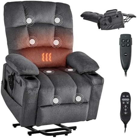 VEVOR Large Power Lift Recliner Chair  Dual Motor Lift Chair with Heat and Massage for Elderly  Position Adjustable with Storage Pockets  Cup Holders  Velvet Fabric  Dark Gray
